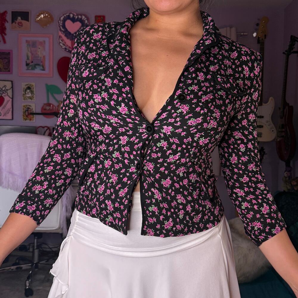 Vintage 90s / Y2K purple and black floral silk blazer - Picture 2 of 8